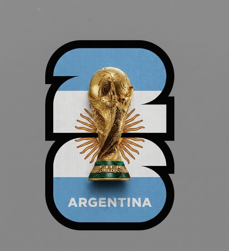 May include: A gold FIFA World Cup trophy on a background featuring the Argentina flag. The flag is white and light blue, with the word "ARGENTINA" at the bottom. The trophy is centered within a black outlined number 3.