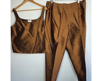 Neiman Marcus Exclusive Silk Shantung 2 Piece Pant Set Bronze Brown 1X Luxury