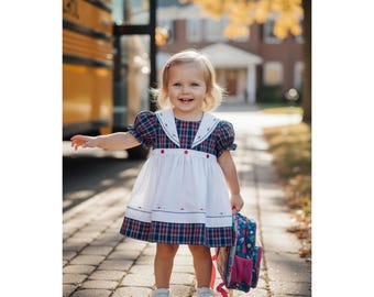 Baby Toges VTG Girls 3T Plaid Sailor Collar Pinafore Dress Navy Red Embroidered