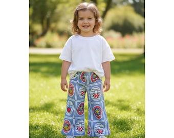 VTG Health-tex ブルー ノベルティプリント ワイドレッグパンツ 2T ハート てんとう虫 キノコ USA