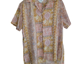 Camisa de seda con botones BOGARI C para mujer, talla S, estampado floral geométrico en tonos pastel, estilo vintage de los 90.