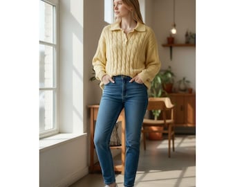 Jersey polo de punto trenzado con cuello de Anne Klein, estilo vintage, para mujer, talla M, color amarillo mantequilla.