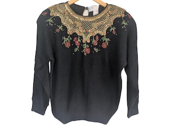 Suéter vintage EMT de seda negra, angora, con lentejuelas y rosas, talla L, para mujer, estilo años 90.