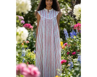 Lanz of Salzburg, damska koszula nocna w stylu vintage w kwiaty w stylu tyrolskim, koronka z oczkami, rozmiar M/L