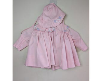 Baby Togs Vintage Pink 3pc Dress Coat Bonnet Set Floral 12 Months 1862 P