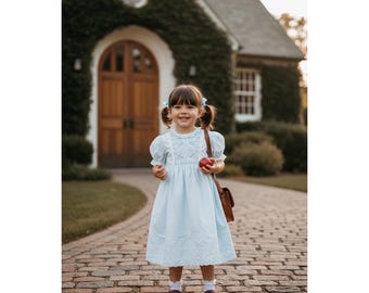 Polly Flinders Vintage Gesmokt Lochspitze Kleid Blau Rosa Blumen Kinder Größe 6X