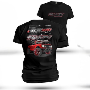 May include: Black t-shirts with a graphic design. One shirt features the text "FAULTY INDUSTRIES" in red and white. The other shirt displays a red truck graphic with the text "#GETTHATMONEY" and "FAULTY INDUSTRIES".