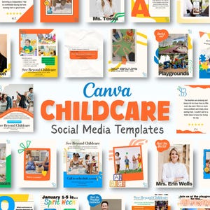 May include: A collection of Canva childcare social media templates in various designs. The templates feature images of children, preschool rooms, and playground scenes. Text includes "See Beyond Childcare" and "Playgrounds".