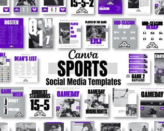 50 modèles de réseaux sociaux sportifs, Modèle de toile de sport, Modèle de réseaux sociaux violet et argent, Sports du lycée, Sports universitaires
