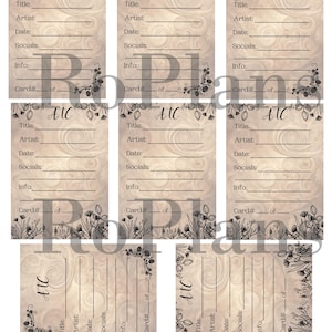 Puede incluir: Seis tarjetas ATC imprimibles con un diseño floral y un fondo beige. Las tarjetas tienen líneas para el título, el artista, la fecha, las redes sociales, la información y el número de la tarjeta. El texto "AtC" está impreso en cada tarjeta.