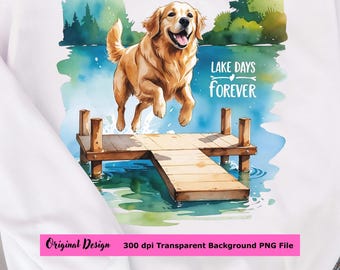 Lake Dog Watercolor Clipart: Golden Retriever, Lake Life Forever Summer Fun (PNG Digital Download)