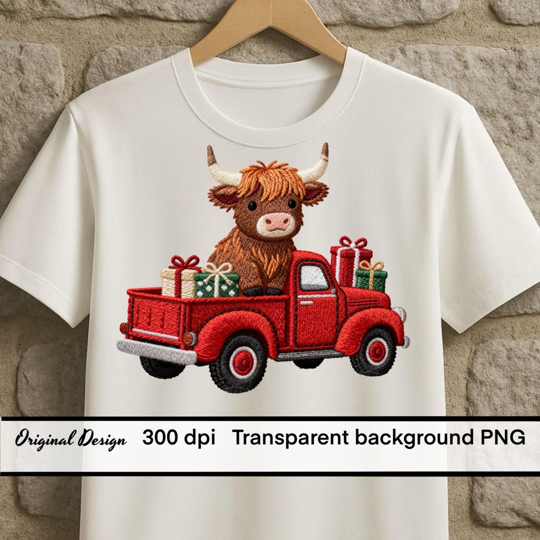 Highland Cow Red Truck Christmas PNG | Faux Embroidery Design ...