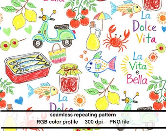 Italian Summer Repeat Pattern, La Dolce Vita Seamless Repeating PNG, Doodle Style, Mediterranean PNG, commercial use digital download