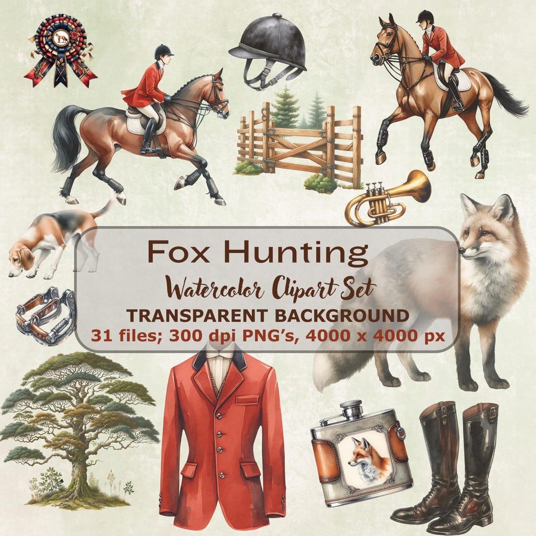 Fox Hunting Clipart Watercolor Bundle Set, Equestrian Art (commercial ...