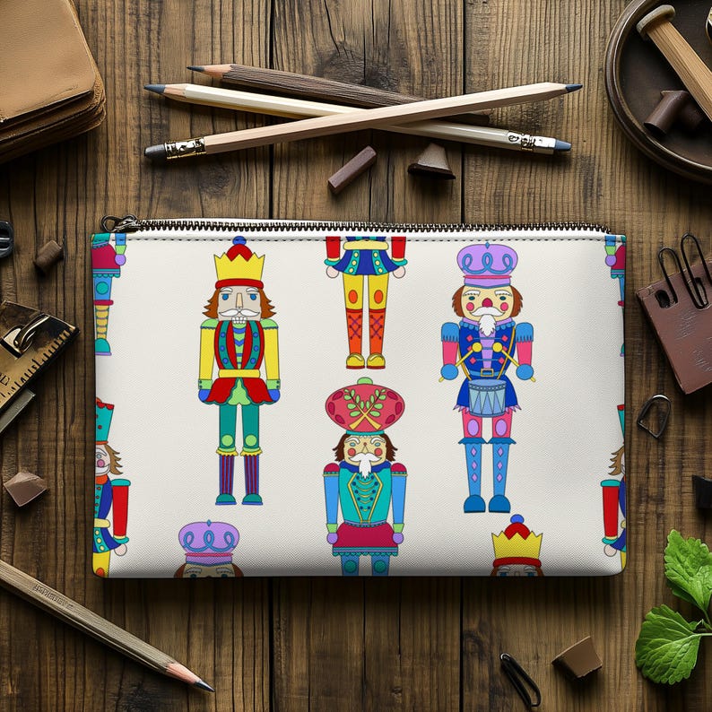 May include: A white pencil case featuring a repeating pattern of colorful nutcracker figures. The nutcrackers are depicted in various poses, wearing crowns and uniforms in shades of red, yellow, blue, and green. The case has a zipper closure.