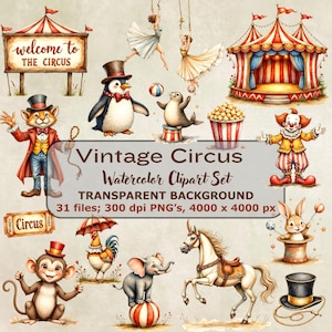 Pode incluir: Um conjunto de cliparts em aquarela com tema de circo vintage. A imagem inclui uma tenda de circo, uma placa que diz "Bem-vindo ao circo" e vários animais e artistas de circo, como um pinguim, uma foca e um palhaço. O texto "Vintage Circus" também está presente.