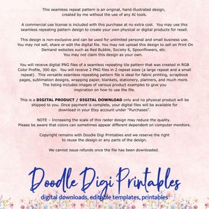May include: A digital product listing from Doodle Digi Printables. The image features text describing a seamless repeat pattern design, including commercial use licensing, file details, and usage examples. The Doodle Digi Printables logo is at the bottom.