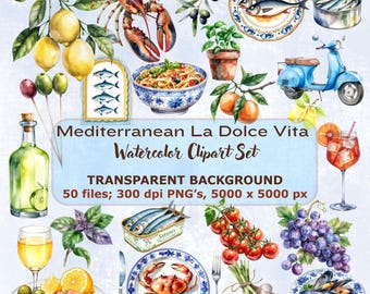 Paquete de imágenes prediseñadas de La Dolce Vita, verano italiano, acuarela (descarga digital)