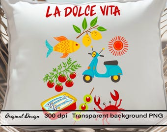 Italian Summer Mediterranean Sublimation PNG, La Dolce Vita Amalfi Coast Design for T-Shirts, Totes, Commercial Use Digital Download