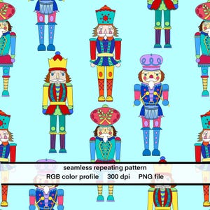 May include: A seamless repeating pattern featuring colorful nutcracker figures on a light blue background. The nutcrackers are depicted in various poses and outfits, with details in red, blue, yellow, and green. The image includes the text "seamless repeating pattern, RGB color profile, 300 dpi, PNG file."