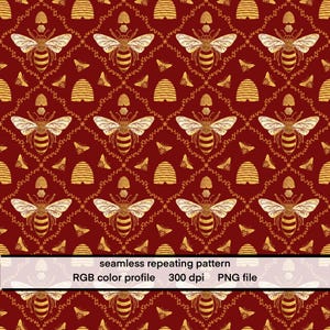 Peut inclure: Motif répété sans couture avec des abeilles dorées, des ruches et des éléments floraux sur fond rouge foncé. Le motif est disposé en losanges, avec le texte "seamless repeating pattern" en bas.
