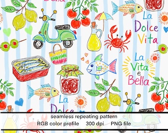 Italian Summer Repeat Pattern, Seamless Repeating La Dolce Vita Mediterranean Doodles with stripes, PNG, Amalfi Coast, commercial use