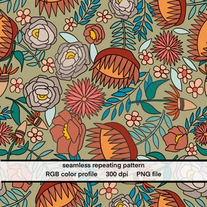 May include: Seamless repeating pattern featuring stylized flowers in shades of orange, pink, and beige, with teal and green leaves, set against a muted green background. The text "seamless repeating pattern" is visible at the bottom.
