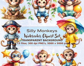 Silly Monkey Clipart Bundle, 13 Cute Funny Monkey PNG, Watercolor Jungle Animals, Baby Shower Graphics, Sublimation Designs, Nursery art