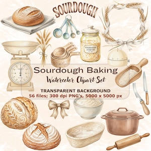 Op de afbeelding: Waterverf clipartset met elementen voor het bakken van zuurdesem. Bevat verschillende broden, een keukenweegschaal, maatlepels, een potje starter en een deegroller. De tekst luidt "Sourdough Baking Watercolor Clipart Set".