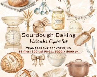 Sourdough Baking Clipart PNG, Watercolor Bread Starter Bundle, Cozy Kitchen Sublimation Designs, Bread Making, Recipe Card, Artisan Loaf
