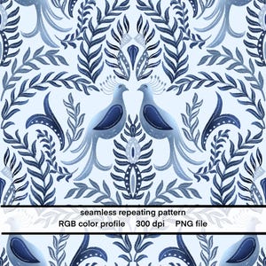 May include: Seamless repeating pattern in shades of blue featuring stylized birds and floral elements. The design includes detailed illustrations of birds with ornate tail feathers, surrounded by leafy branches and decorative accents. The text "seamless repeating pattern" is at the bottom.