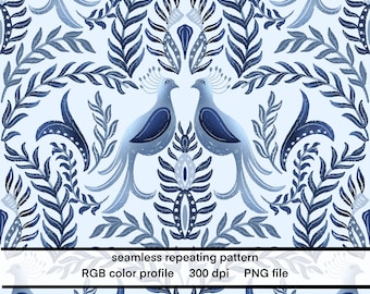 Folk Art Bird Seamless Repeating Pattern | Blue Botanical Fabric Print (Commercial Use PNG)