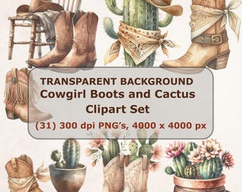 Cowgirl Stiefel & Kaktus Aquarell Clipart | Boho Western PNG (Kommerzielle Nutzung Digital Download - 31 Bilder)