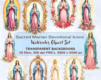 Klipart akwarelowy Matki Boskiej, ikony maryjne (PNG)