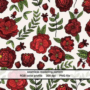 May include: Seamless repeating pattern featuring red roses, buds, and green leaves on a cream background. The design includes the text "seamless repeating pattern", "RGB color profile", "300 dpi", and "PNG file".