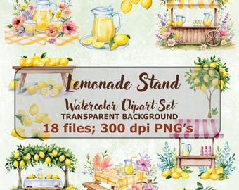 Lemonade Stand Clipart bundle set: Watercolor Lemons Summer Picnic PNG (Commercial Use Digital Download)
