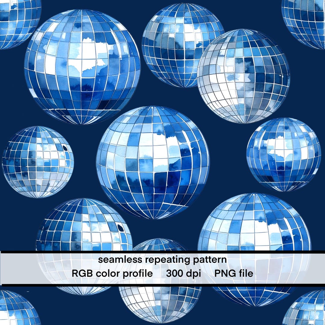 Blue Watercolor Disco Ball Seamless Pattern, 70s Fabric Print (digital ...