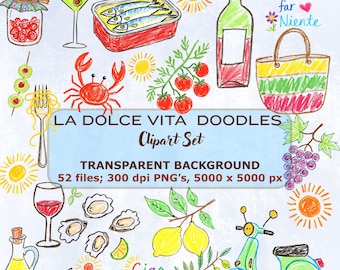 Paquete de imágenes prediseñadas de verano mediterráneo italiano, La Dolce Vita, 52 archivos PNG, estilo doodle dibujado a mano, Costa Amalfitana, sublimación, uso comercial