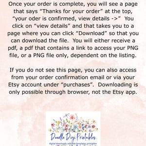 May include: Text on a light pink background explains how to download a digital product after purchase. The text includes instructions on accessing the download via a browser. A floral logo for "Doodle Digi Printables" is at the bottom.