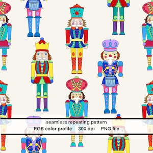 May include: A repeating pattern of colorful nutcracker figures in various poses. Each figure has a unique design with bright colors like red, blue, yellow, and green. The image includes text that reads "seamless repeating pattern", "RGB color profile", "300 dpi", and "PNG file".