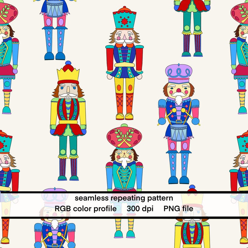 May include: A repeating pattern of colorful nutcracker figures in various poses. Each figure has a unique design with bright colors like red, blue, yellow, and green. The image includes text that reads "seamless repeating pattern", "RGB color profile", "300 dpi", and "PNG file".