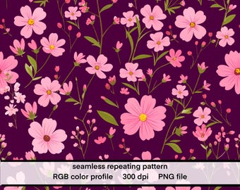 Pink Wildflower Seamless Repeat Pattern, Cosmos Flowers, Plum Floral Fabric (Commercial use Digital PNG)
