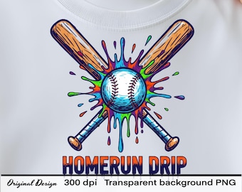 Homerun Drip PNG, Splatter Baseball Sublimation Design, Crossed Bats Sports, Colorful Player Digital Download