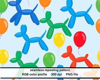 Balloon Dog Seamless Repeating Pattern, Kids Birthday Fabric, PNG (Commercial Use Digital Download)