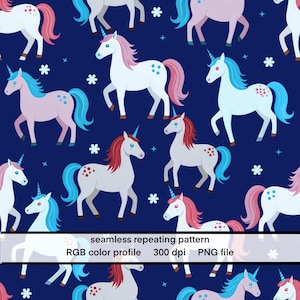 May include: Seamless repeating pattern featuring white unicorns with colorful manes and tails in shades of pink, blue, and red. The unicorns are set against a dark blue background with white stars. The text "seamless repeating pattern" is at the bottom.