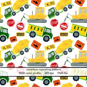 以下が含まれることがあります： 白い背景に建設車両と道路標識が描かれたシームレスな繰り返しパターン。黄色のダンプトラック、緑のミキサー車、黄色の掘削機が含まれています。 停止標識、迂回標識、注意標識も表示されています。