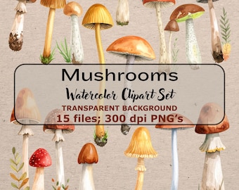 Mushroom Fungi Clipart Bundle Set: 15 Watercolor Forest PNG (Commercial Use Digital Download)