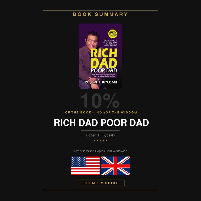 May include: A promotional graphic for the book "Rich Dad Poor Dad" by Robert T. Kiyosaki. The image includes the book cover with the author's photo. Text highlights "10% of the book - 100% of the wisdom" and "Premium Guide". The American and British flags are shown.