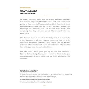 May include: A white page with the title "Why This Guide?" and text discussing financial freedom and a summary of a book. The text includes the phrase "Hey - glad you're here." and lists who the guide is for.