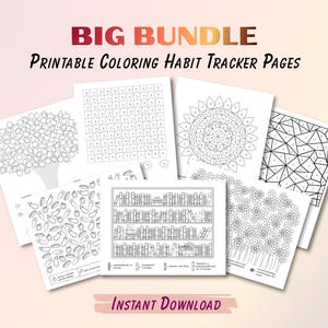 May include: A collection of printable coloring habit tracker pages. The pages feature various designs, including a tree, a puzzle, a mandala, and a bookshelf. The words "BIG BUNDLE" and "Instant Download" are displayed.